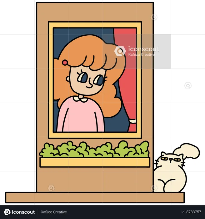 Young Girl And Cat Looking Outside  Illustration
