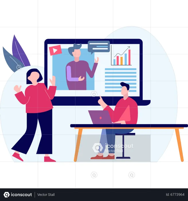 Young girl and man doing business analysis  Illustration