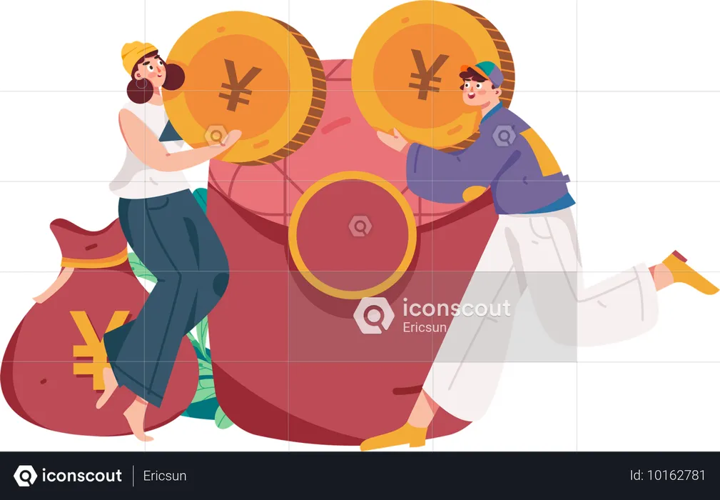 Young girl and man holding yen coin  Illustration