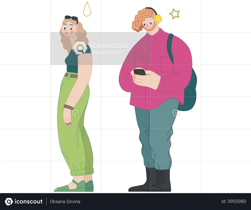 Young girl and man standing in queue  Illustration