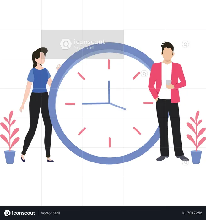 Young girl and man standing with clock  Illustration