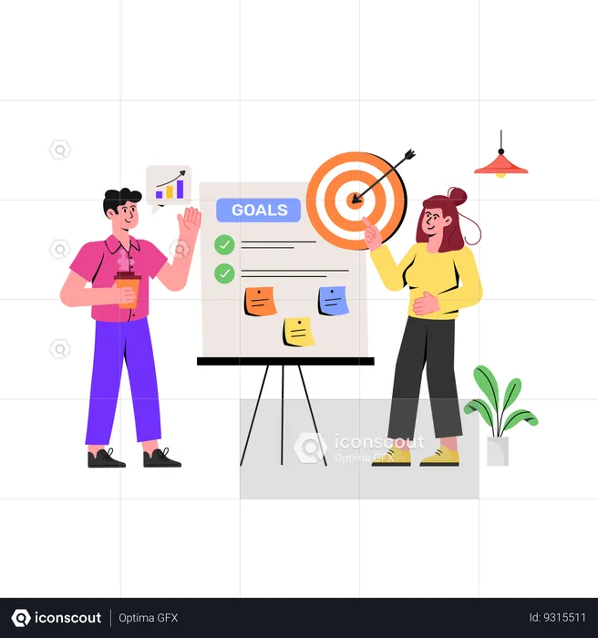 Young girl and man working on Business Goals  Illustration