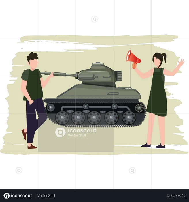 Young Girl Announcing At Military Tank Through A Megaphone  Illustration