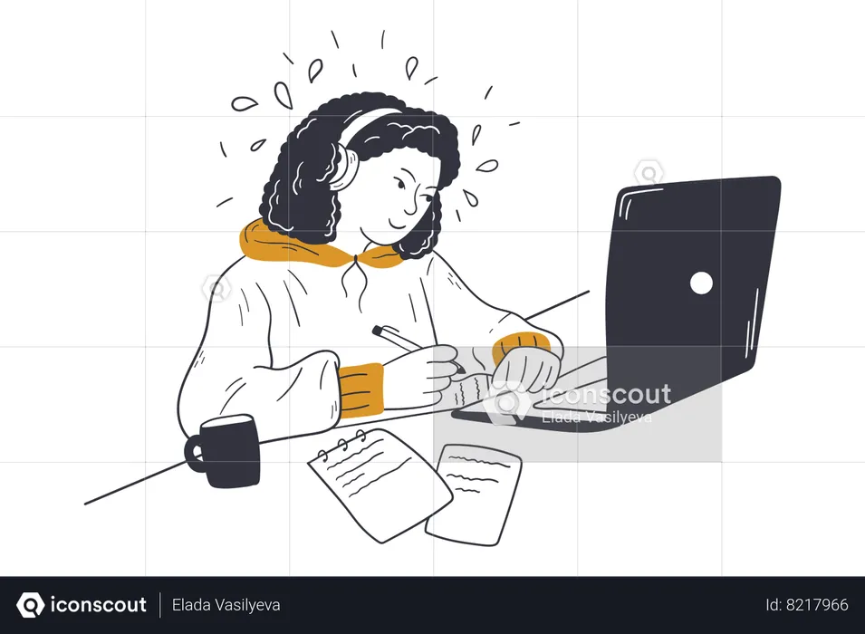 Young girl attending online lecture through laptop  Illustration