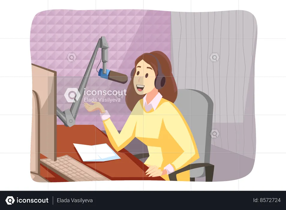 Young girl blogger radio host sits at studio speaking in microphone  Illustration