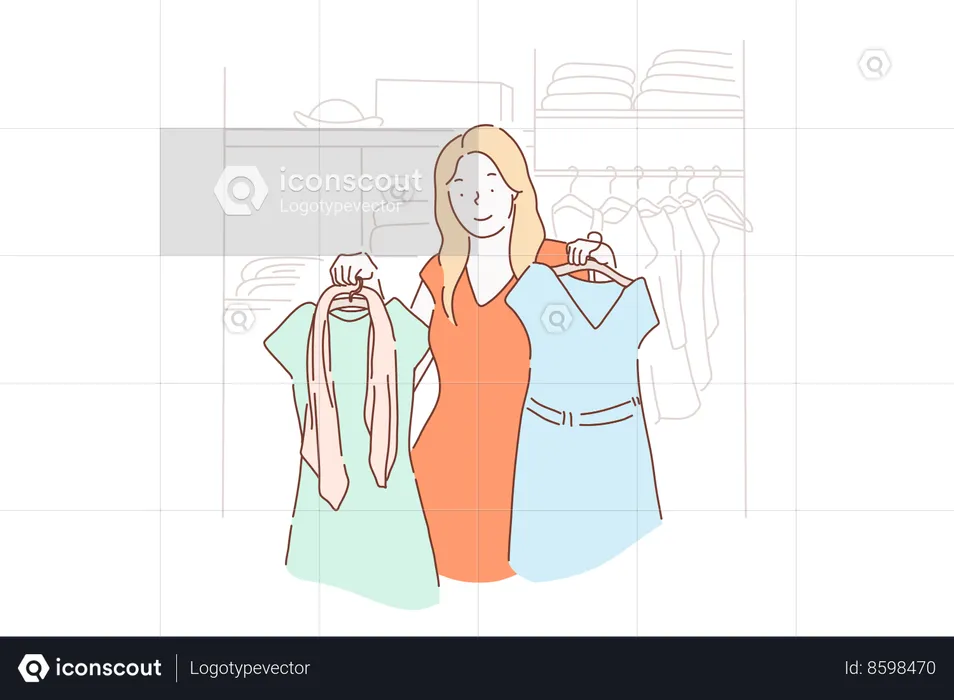 Young girl buys fashion dresses at clothing store  Illustration