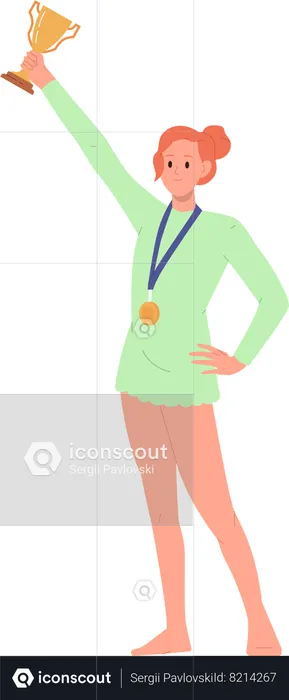 Young Girl celebrating success and victory while holding trophy cup  Illustration
