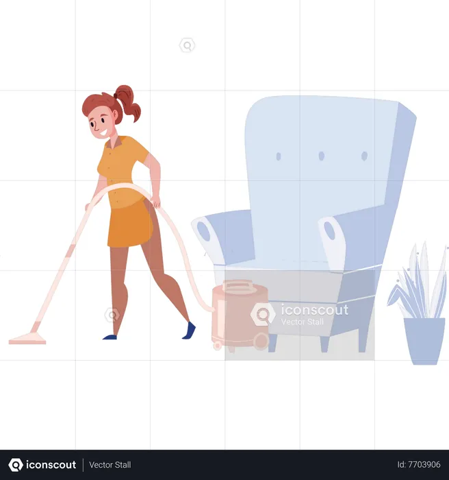 Young girl cleaning floor with hoover  Illustration