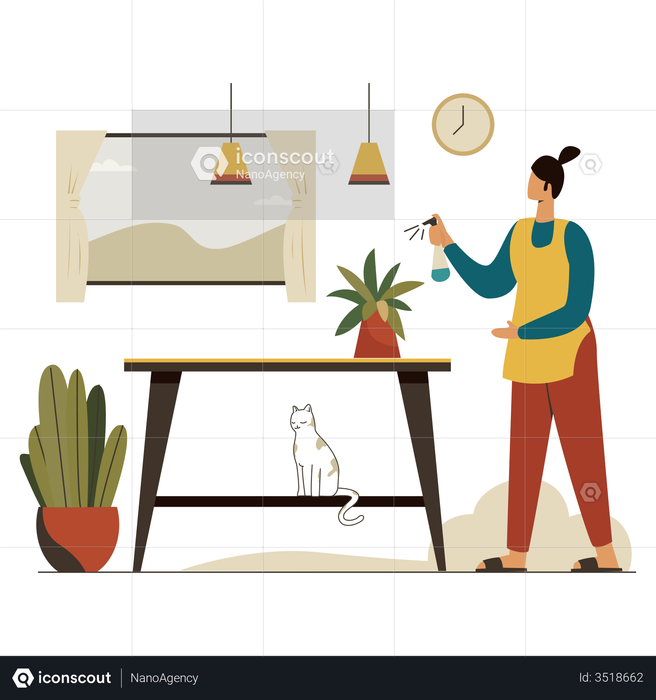 Young Girl Cleaning Home Illustration