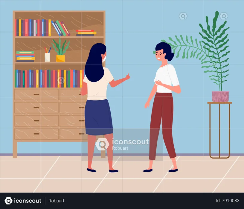 Young girl communicating on of bookcase  Illustration