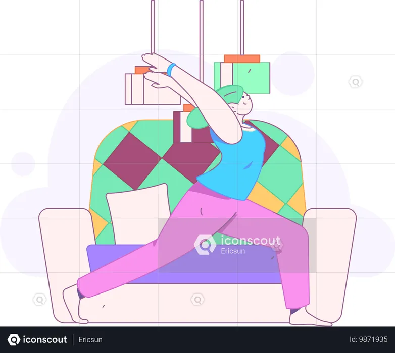 Young girl doing body stretching exercise at home  Illustration