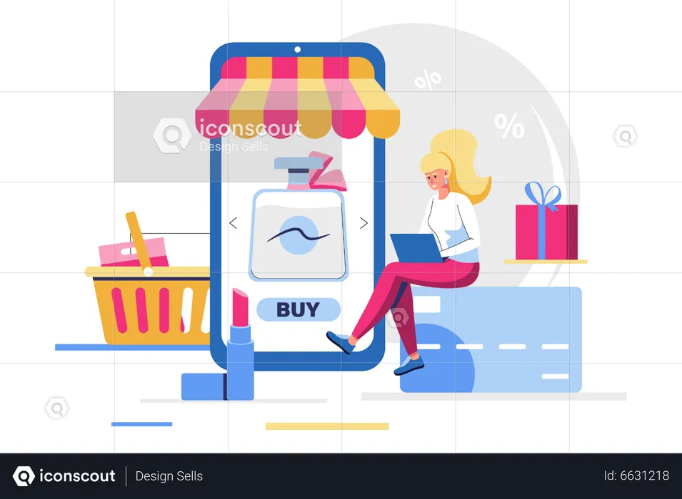 Young girl doing online shopping  Illustration