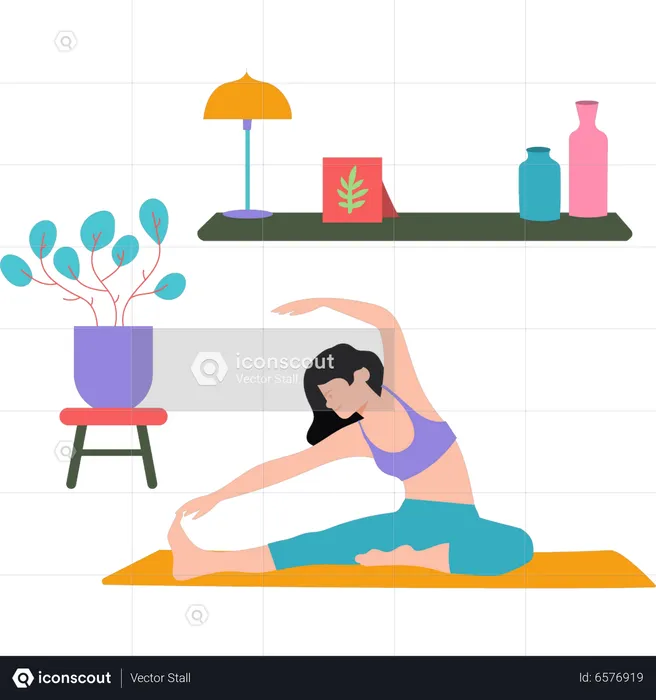 Young girl doing stretching exercise at home  Illustration
