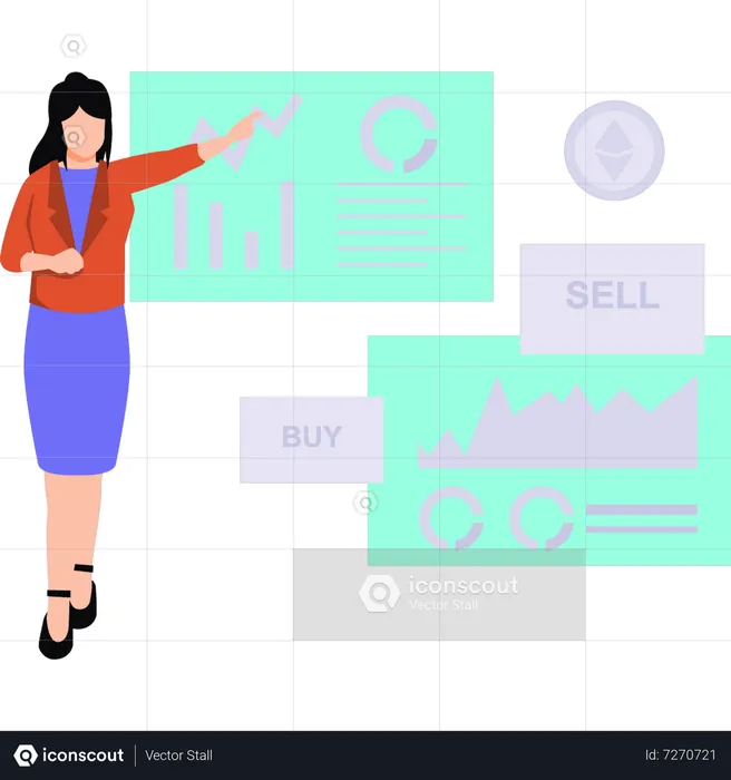 Young girl doing work of buying and selling graphs  Illustration