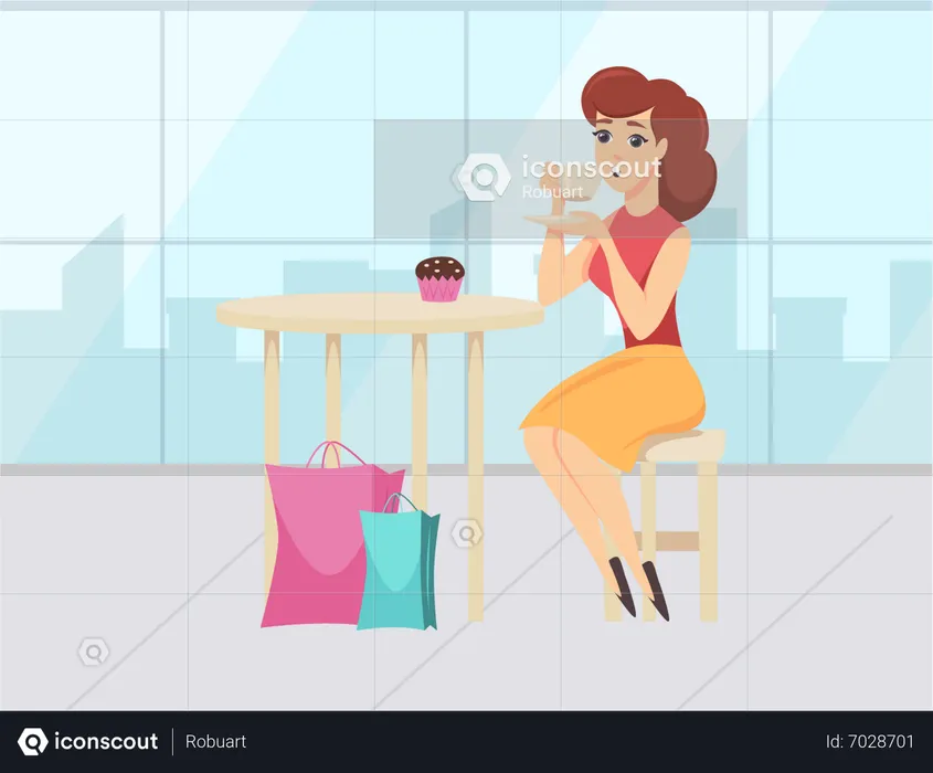 Young girl drinking coffee after shopping  Illustration