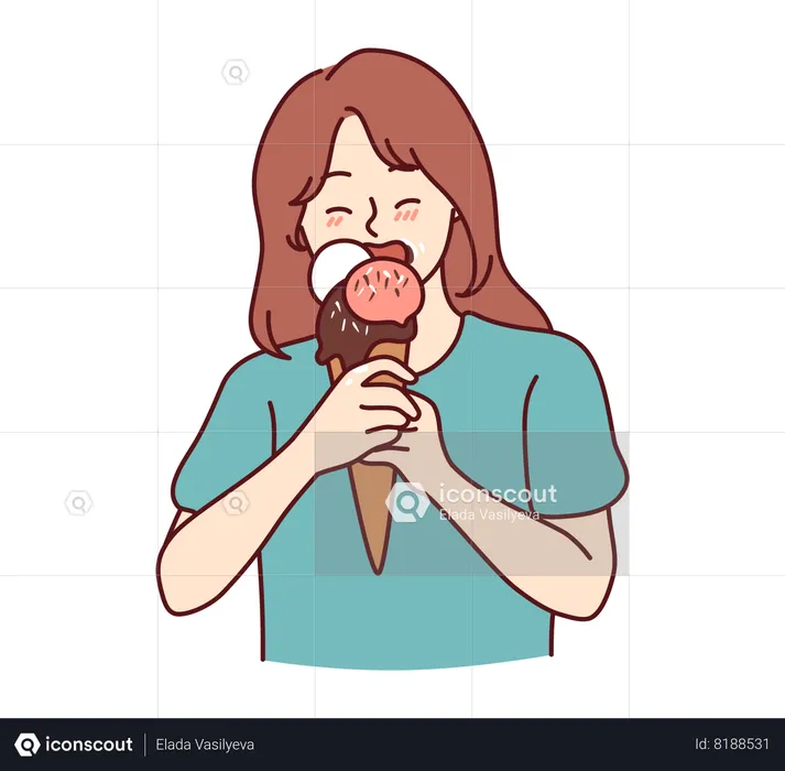 Young girl eating multiple flavoured icecream  Illustration