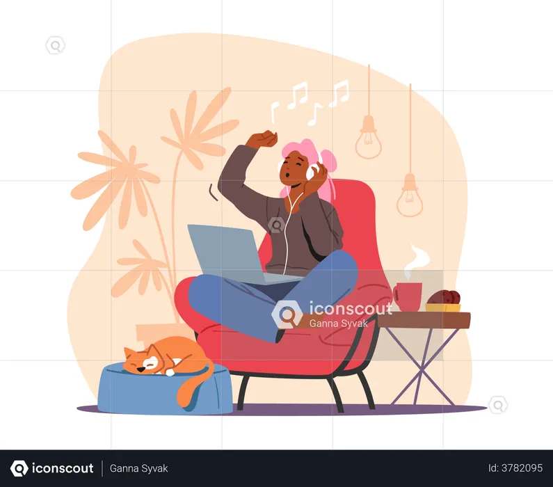 Young Girl Enjoying Music While Sitting On Chair  Illustration