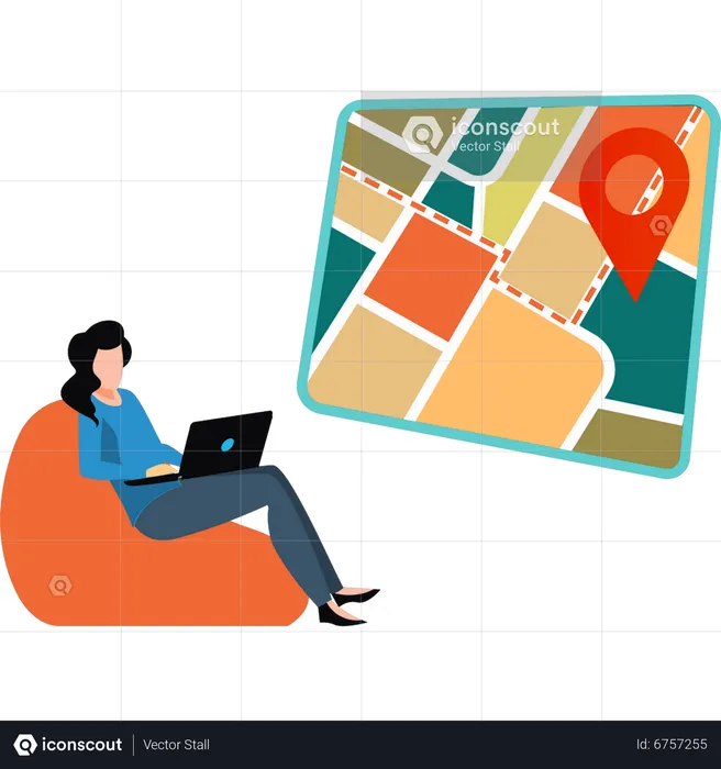 Young girl find location using laptop  Illustration