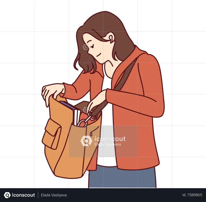 Young girl finding something in bag  Illustration