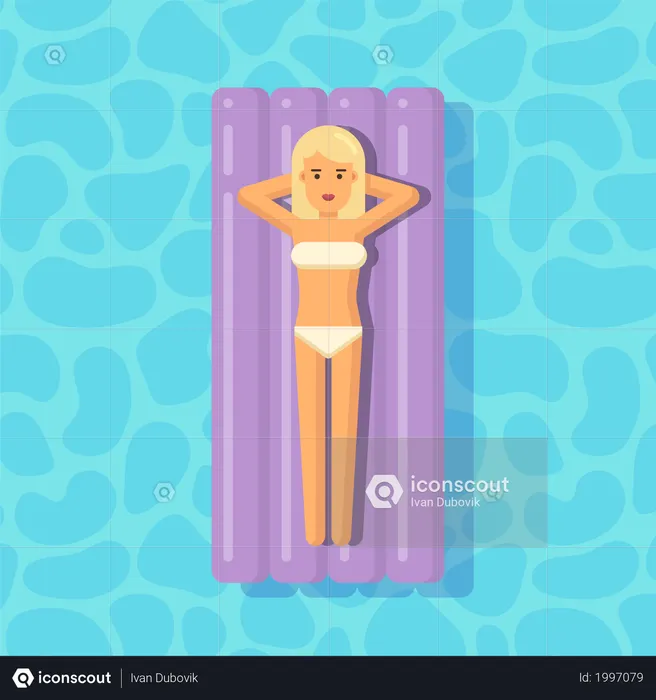 Young girl floating on a mattress in a swimming pool  Illustration