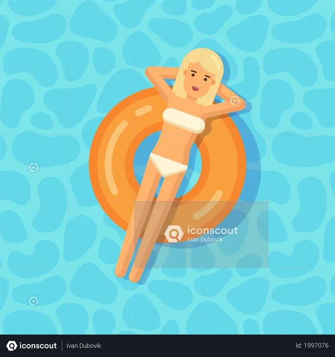 Young girl floating on an lifebuoy in a swimming pool  Illustration