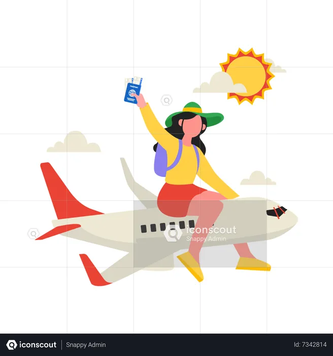 Young girl going trip by airplane  Illustration