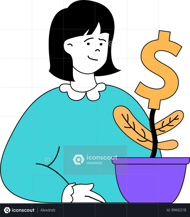 Young girl growing money plant  Illustration