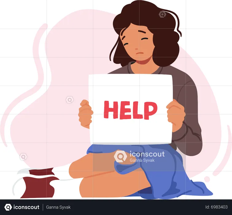 Young girl hold help banner  Illustration