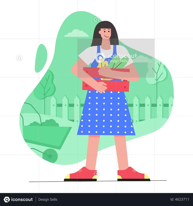Young girl holding box with vegetables  Illustration