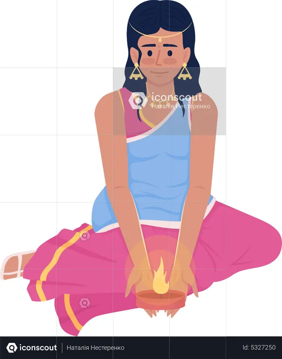 Young girl holding diwali candle  Illustration