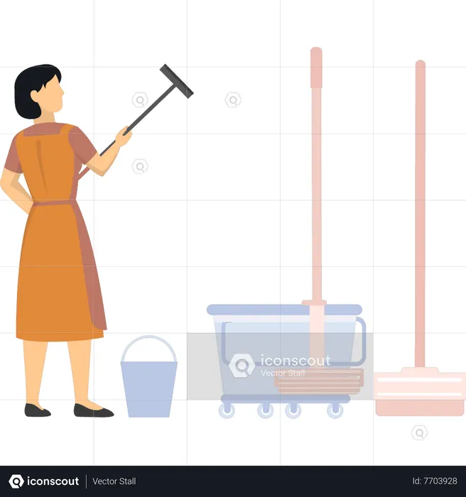 Young girl holding floor wiper  Illustration