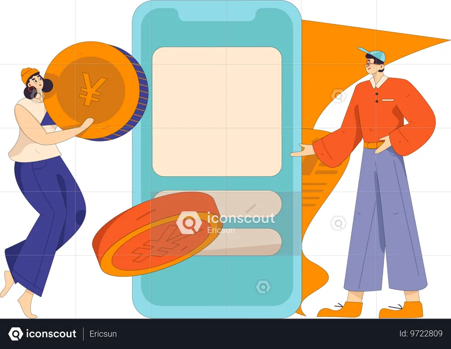 Young girl holding yen coin while man doing mobile payment  Illustration