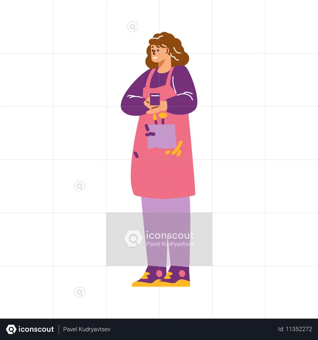 Young girl in apron with art brushes  Illustration