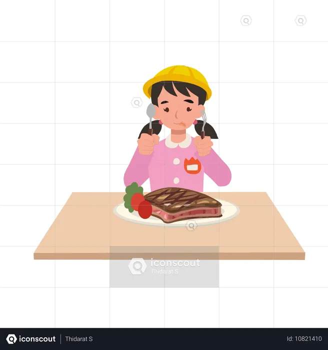 Young girl in japanese kindergarten uniform eating a large steak meal at a dining table  Illustration