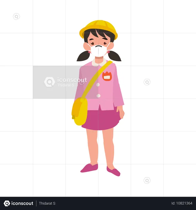 Young girl in japanese kindergarten uniform with face mask, showcasing health-conscious early education  Illustration