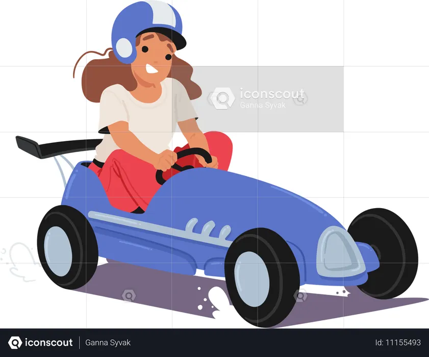 Young Girl In Racing Helmet And Drives Pedal Car  Illustration