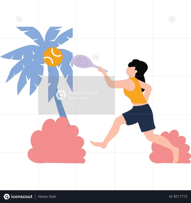 Young girl is playing tennis on the beach  Illustration