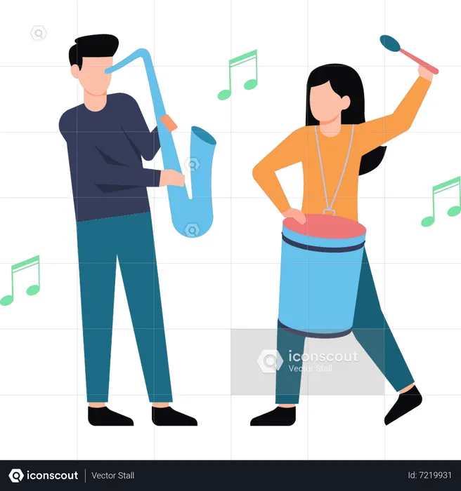 Young Girl Is Playing The Drums And Young Boy Is Playing The Saxophone  Illustration