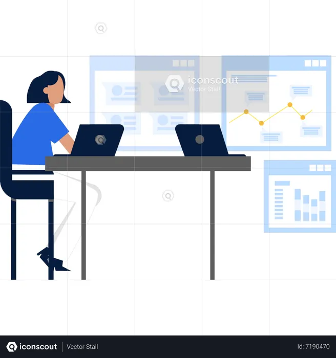 Young girl is sitting at a table working on a laptop  Illustration