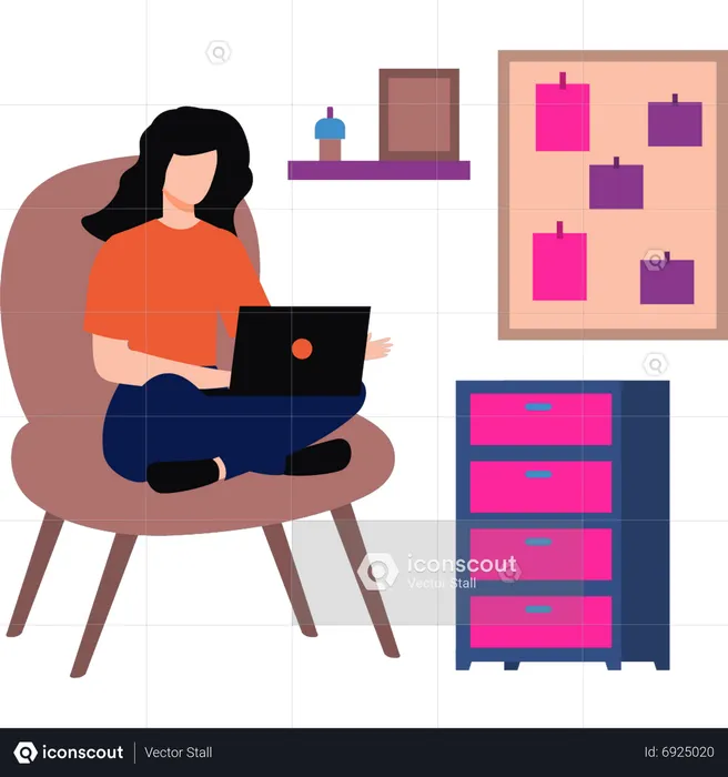 Young girl is sitting on chair working on laptop  Illustration