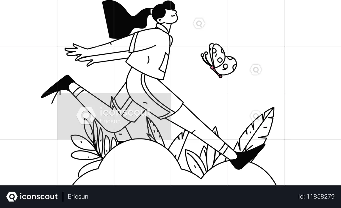 Young girl jumping high for butterfly  Illustration