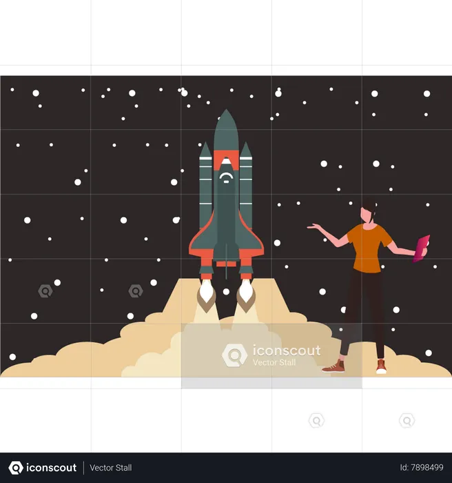 Young girl launched spaceship  Illustration