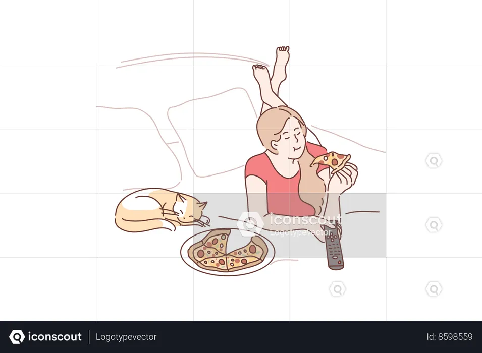 Young girl lies on bed with cat eats pizza and watching television  Illustration