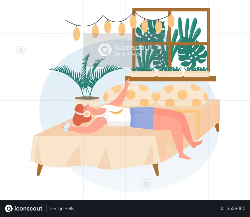 Young girl listening music while lying on bed  Illustration
