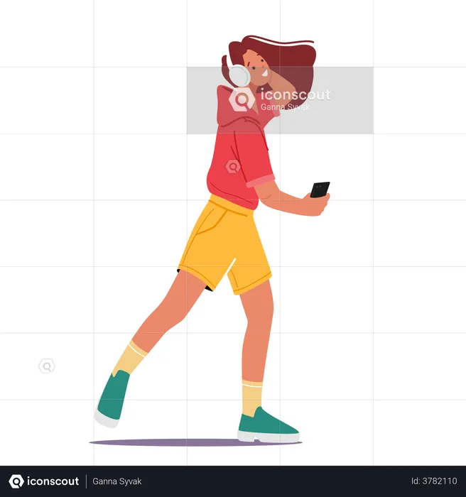 Young Girl Listening To Music While Walking  Illustration