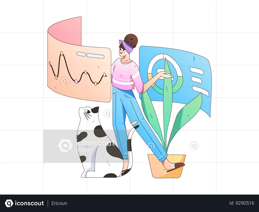 Young girl looking analytic chart in 360 view  Illustration