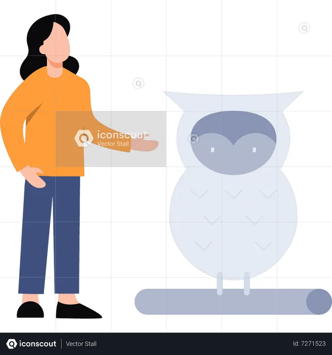 Young girl looking at owl  Illustration