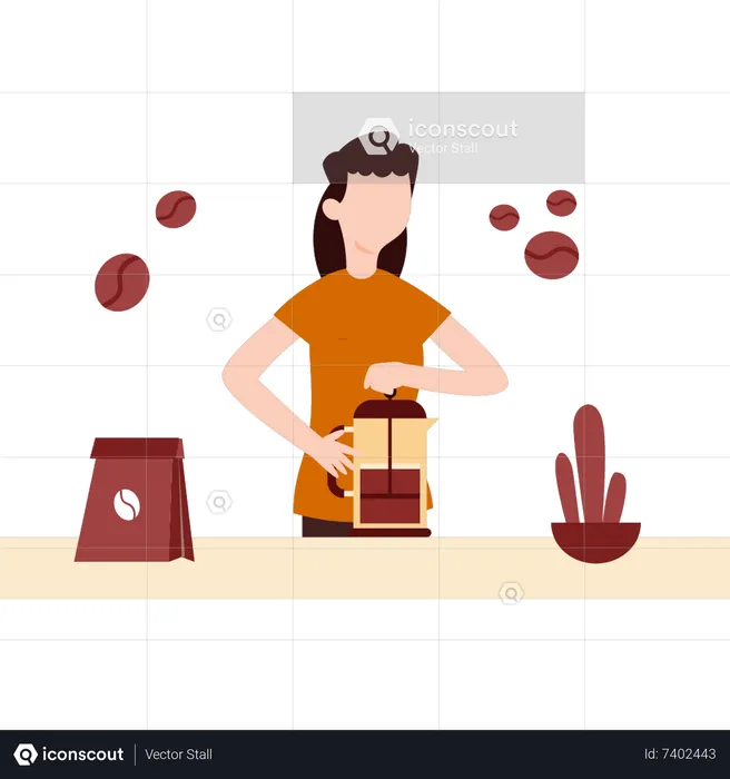 Young girl making coffee in coffee jug  Illustration
