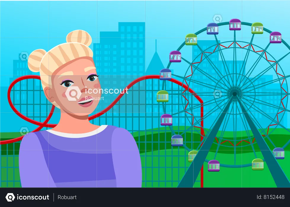 Young girl near ferris wheel with roller coaster ride amid large city buildings  Illustration
