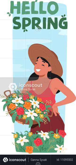 Young Girl On Lush Field and Joyfully Holding Basket With Flowers  Illustration